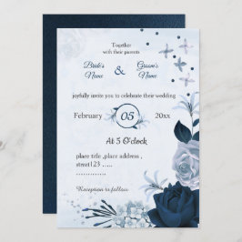 ネイビー&ほこりっぽい青い花ボタニ結婚ーズ 招待状
