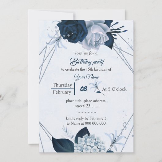 ネイビー&ほこりっぽい青い花幾何学誕生日 招待状 (正面)