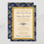 ネイビー、アイボリー、ゴールドグリッター、ダマスクウェディング招待状 招待状 (正面/裏面)