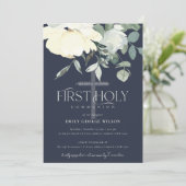 ネイビー アイボリー ホワイト アクア フローラル ファースト ホーリー コミュニオン 招待状 (スタンド正面)