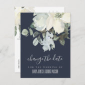 ネイビー アイボリー ホワイト フラワー ウェディング 変更日 案内ポストカード (正面/裏面)