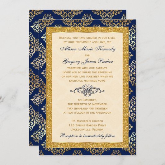 ネイビー、アイボリー、金ゴールドグリッター、ダマスクウェディング招待状 招待状 (正面/裏面)