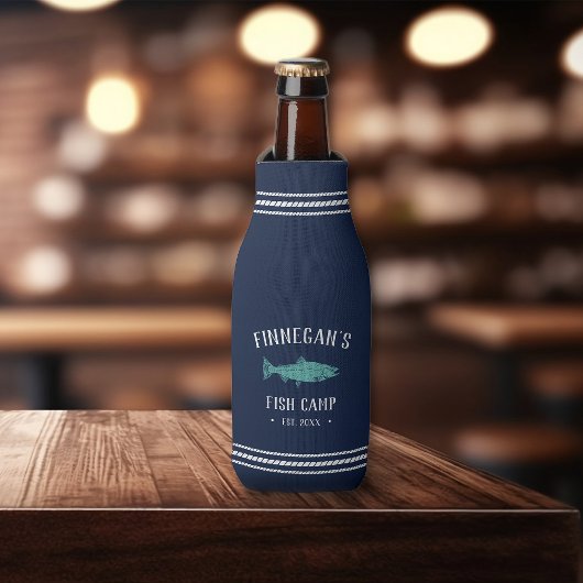 ネイビー&アクア素朴魚釣りキャビンパーソナライズされた ボトルクーラー