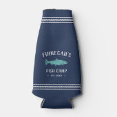 ネイビー&アクア素朴魚釣りキャビンパーソナライズされた ボトルクーラー (正面)