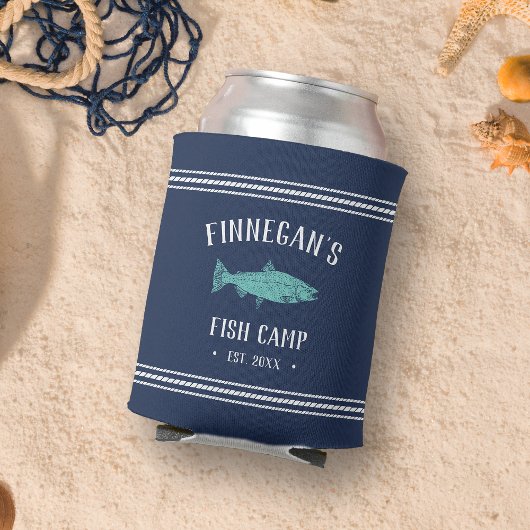 ネイビー&アクア素朴魚釣りキャビンパーソナライズされた 缶クーラー