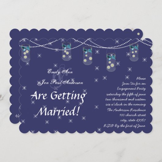 ネイビー アクア イエロー フラワー メイソンジャーエンゲージパーティー 招待状 (正面/裏面)