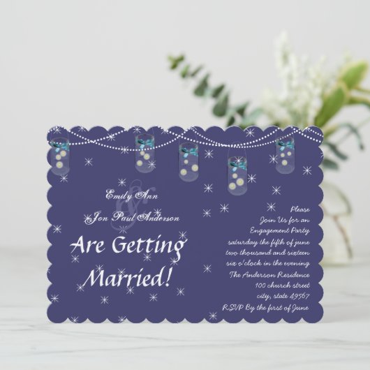 ネイビー アクア イエロー フラワー メイソンジャーエンゲージパーティー 招待状 (スタンド正面)