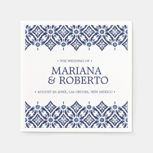 ネイビー・アズレホス |スペインのタイル縁ど パーソナライズされた スタンダードカクテルナプキン (正面)