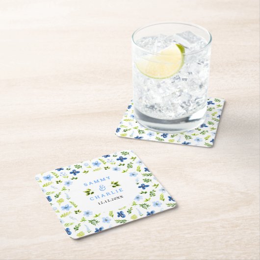 ネイビー・アンド・ベビーブルー結婚フローラ スクエアペーパーコースター (インサイチュ)