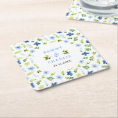 ネイビー・アンド・ベビーブルー結婚フローラ スクエアペーパーコースター (アングル)