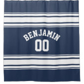ネイビー・アンド・ホワイト・スポーツ・ジャージー名前をカスタムする番号 シャワーカーテン (正面)