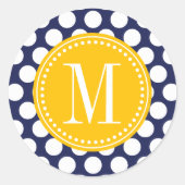 ネイビー&イエローグリーンビッグ水玉模様 モノグラムの ラウンドシール (正面)