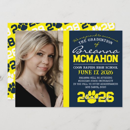 ネイビー&イエローポープリント卒業発表 招待状 (正面/裏面)