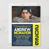 ネイビー&イエローモダン卒業写真の発表 招待状 (正面)