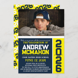 ネイビー&イエローモダン卒業写真の発表 招待状