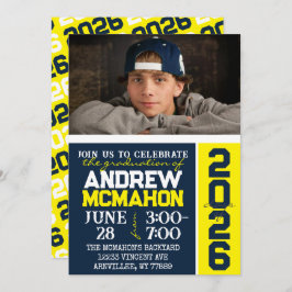 ネイビー&イエローモダン卒業写真招待状 招待状