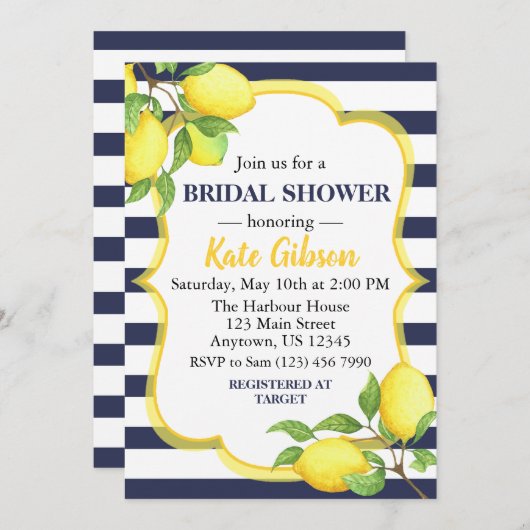 ネイビー&イエローレモンフローラベビーシャワー 招待状 (正面/裏面)