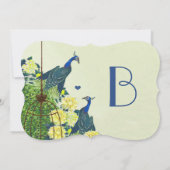 ネイビー&イエローヴィンテージピーコックバードケージ結婚ズ 招待状 (裏面)