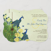 ネイビー&イエローヴィンテージピーコックバードケージ結婚ズ 招待状 (正面/裏面)