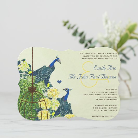 ネイビー&イエローヴィンテージピーコックバードケージ結婚ズ 招待状 (スタンド正面)