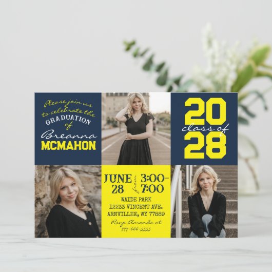 ネイビー&イエロー3写真卒業招待状 招待状 (スタンド正面)