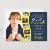 ネイビー&イエロー6フォトフィルムストリップ卒業コラージュ 招待状 (正面)