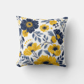 ネイビー、イエロー、グレーのフローラ クッション (正面)