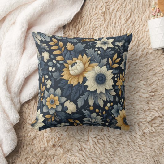 ネイビー、イエロー、グレーの花柄 クッション (ブランケット)