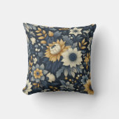 ネイビー、イエロー、グレーの花柄 クッション (正面)