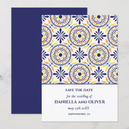 ネイビー イエロー タイル メディテレーニアンステップ 保存日 招待状