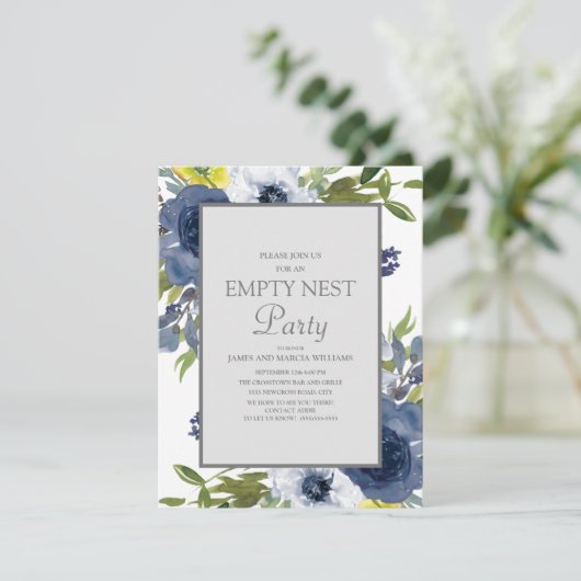 ネイビー イエロー ホワイト フラワー リーフ エンプティ ネスト パーティー 招待状 (スタンド正面)