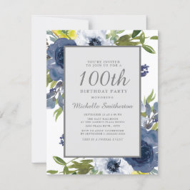ネイビー+イエロー+ホワイト+フラワー+リーブス 100歳の誕生日 招待状