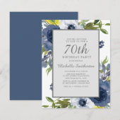 ネイビー+イエロー+ホワイト+フラワー+葉 70歳の誕生日 招待状 (正面/裏面)