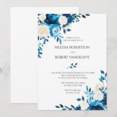 ネイビー ウェディング 招待状 花の青いバラ (正面/裏面)