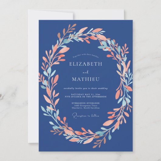 ネイビー・ウォーターカラー・ブロミンス・ロマンス・ウェディング 招待状 (正面)