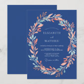 ネイビー・ウォーターカラー・ブロミンス・ロマンス・ウェディング 招待状 (正面/裏面)