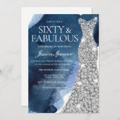 ネイビー・ウォーター・カラー&シルバーガウン60thバースデーパーティー 招待状 (正面/裏面)