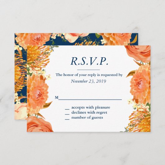 ネイビー&オレンジのフローラ応答カード 出欠カード (正面/裏面)