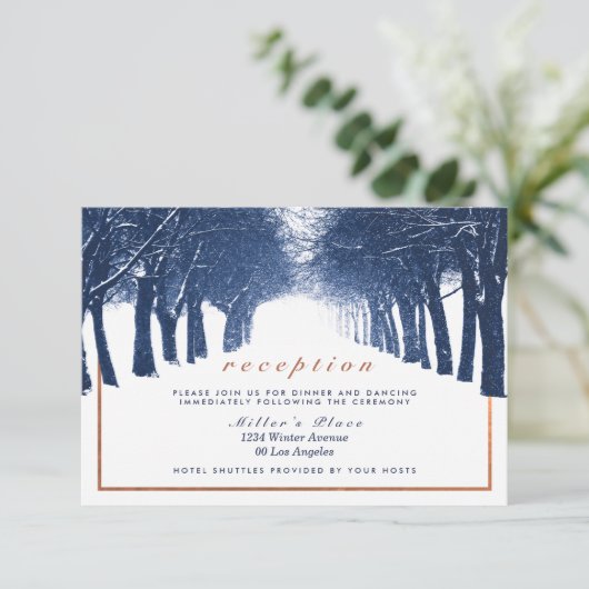 ネイビー カッパー ウィンター ツリー アベニュー ウェディング レセプション エンクロージャーカード (スタンド正面)