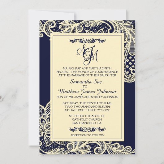 ネイビー&クリームレース結婚式招待状カード 招待状 (正面)