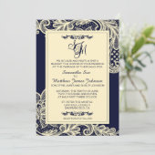 ネイビー&クリームレース結婚式招待状カード 招待状 (スタンド正面)