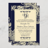 ネイビー&クリームレース結婚式招待状カード 招待状 (正面/裏面)