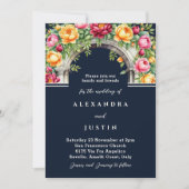 ネイビー　クリーム色　ピーコック　ローズ　フラワアーチ　ウェディング 招待状 (正面)