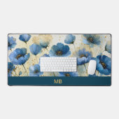 ネイビー+クリーム+ゴールドの花のモノグラム デスクマット (キーボード&マウス)