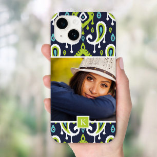 ネイビー&グリーンイカットペイズリーカスタムフォトモノグラム Case-Mate iPhone 14ケース
