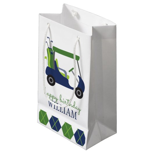 ネイビー&グリーンゴルフカートパーソナライズされた抱き枕 スモールペーパーバッグ (正面アングル)