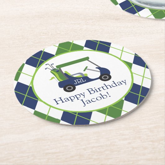 ネイビー&グリーンゴルフパーソナライズされた ラウンドペーパーコースター (アングル)