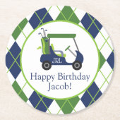 ネイビー&グリーンゴルフパーソナライズされた ラウンドペーパーコースター (正面)