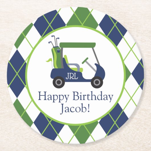 ネイビー&グリーンゴルフパーソナライズされた ラウンドペーパーコースター (正面)
