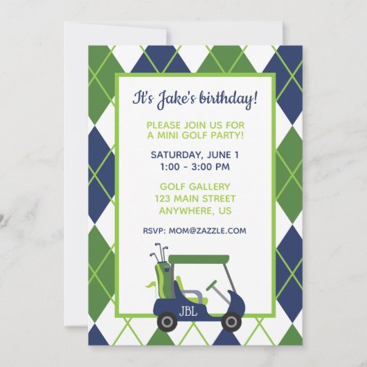ネイビー & グリーン アーガイル ゴルフパーティーの招待状 招待状 (正面)